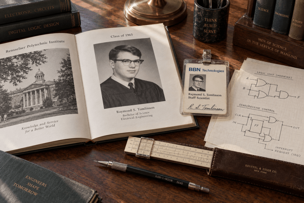 Buku tahunan RPI dan kartu identitas pegawai BBN Technologies milik Ray Tomlinson di atas meja arsip sejarah.