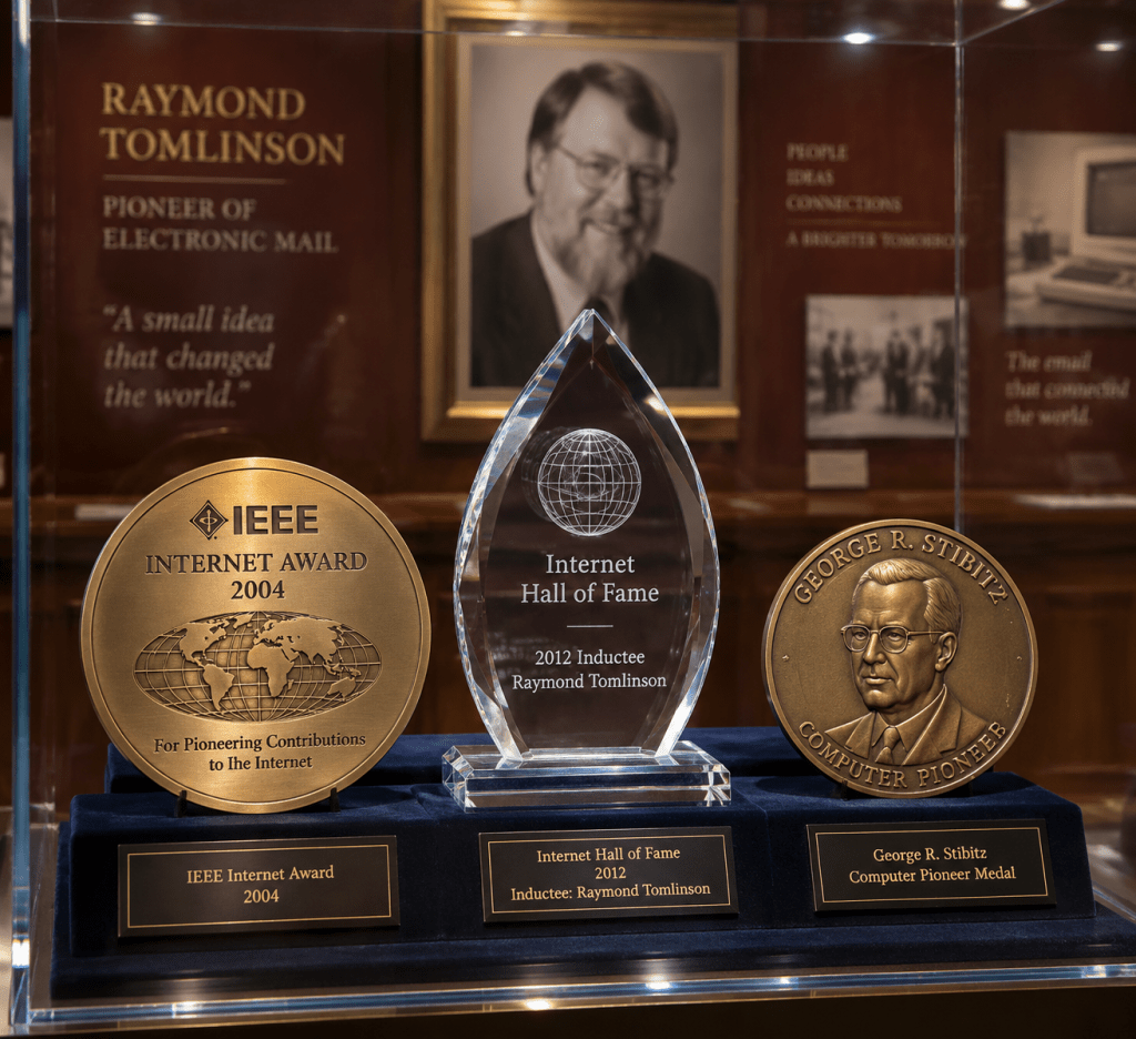 Plakat trofi Internet Hall of Fame dan medali IEEE Internet Award penghargaan Ray Tomlinson.