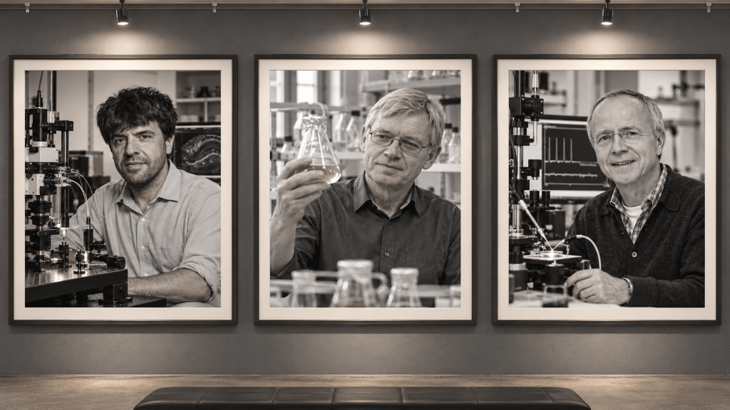 Komposisi potret jurnalistik tiga ilmuwan pencetus optogenetika Karl Deisseroth, Peter Hegemann, dan Georg Nagel di laboratorium.