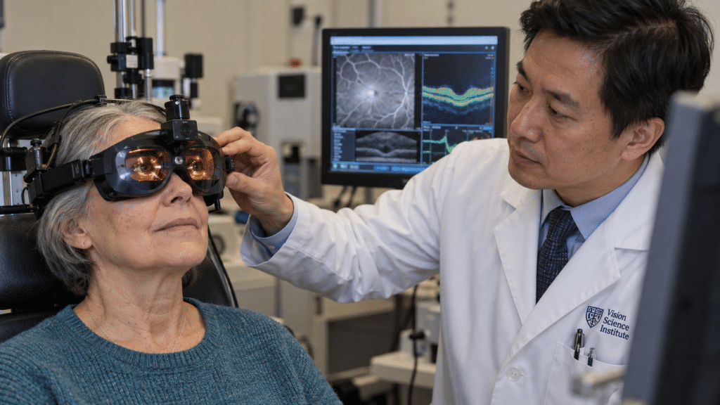 Pasien uji klinis mengenakan kacamata khusus pemancar pulsa cahaya untuk terapi optogenetik pemulihan penglihatan retina.
