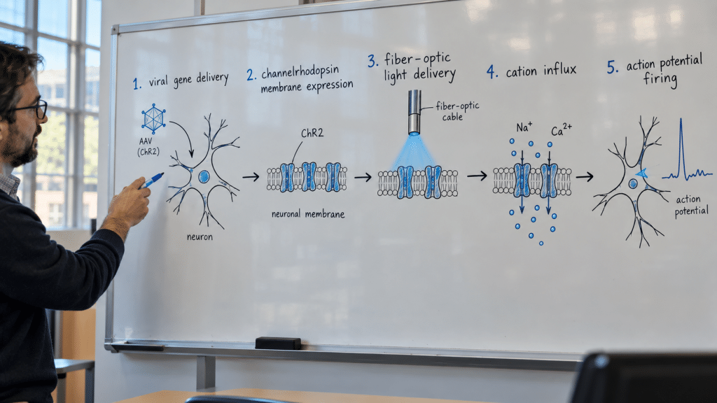 Diagram visual ilmiah di papan tulis membedah lima langkah kerja gen channelrhodopsin hingga aktivasi serat optik saraf.