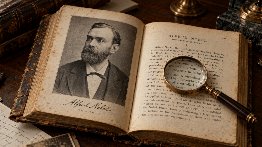 Buku biografi lawas bersampul kulit yang memuat potret Alfred Nobel di bawah sorotan kaca pembesar antik.