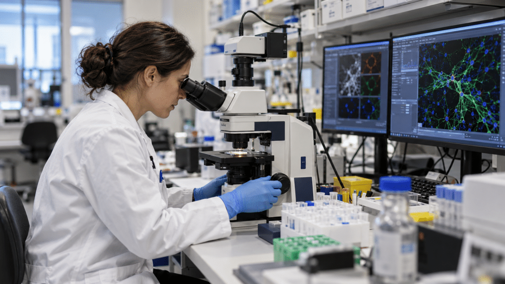 Ilmuwan modern sedang mengamati sampel sel saraf di bawah mikroskop cahaya di laboratorium, merepresentasikan penerima Nobel Kedokteran.