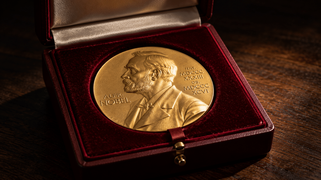 Medali emas Hadiah Nobel yang mengkilap tersimpan rapi di dalam kotak beludru merah klasik.