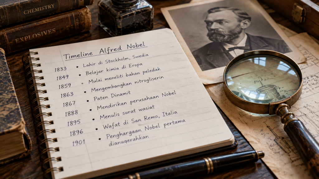 Buku catatan lapangan seorang peneliti yang memuat linimasa kronologis kehidupan Alfred Nobel sejak 1833 hingga 1901.