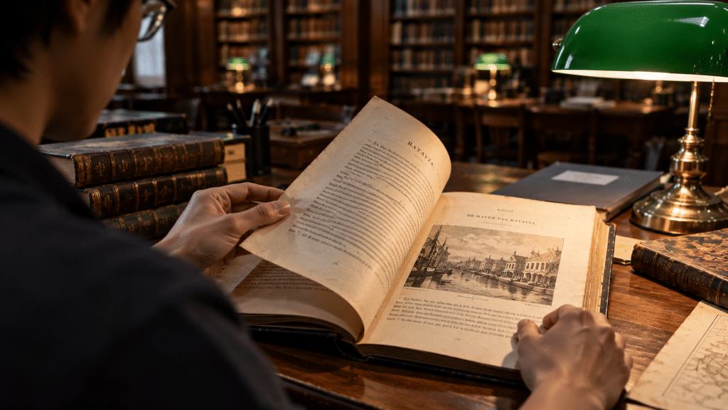 Seseorang membaca tumpukan arsip dokumen kuno dengan saksama di perpustakaan referensi sejarah yang tenang.