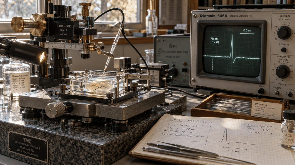 Rekonstruksi instrumen mikroelektroda mencatat lonjakan impuls listrik sub-milidetik dari bintik mata fotoreseptor alga.