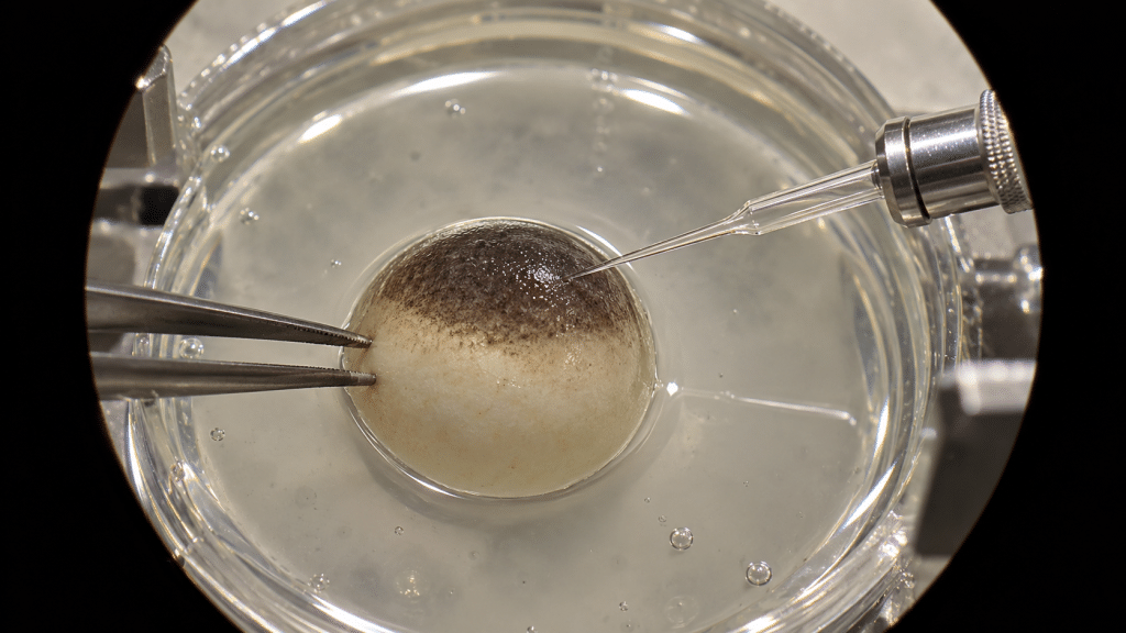 Peneliti melakukan mikroinjeksi cRNA channelrhodopsin ke dalam sel telur katak Xenopus menggunakan mikroskop stereo.