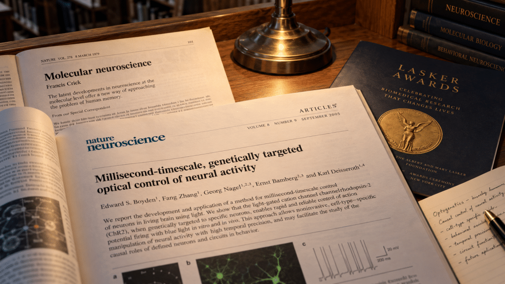 Salinan cetak makalah ilmiah Nature Neuroscience 2005 menampilkan nama peneliti kunci Edward Boyden, Feng Zhang, dan Ernst Bamberg.